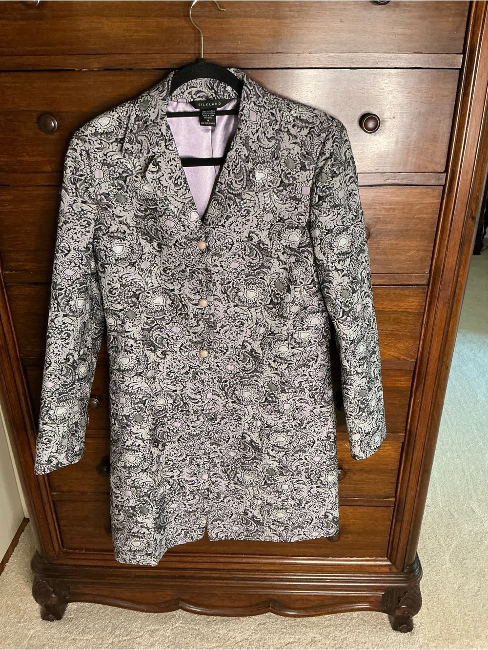 Talbots Black and Lavender Paisley Button-Front Coat